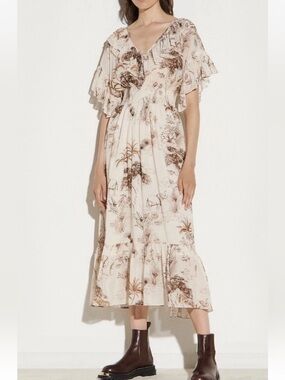 SANDRO Paris Marro Ruffle Beige Brown Elephant Safari Midi Dress EUR 34 US XS